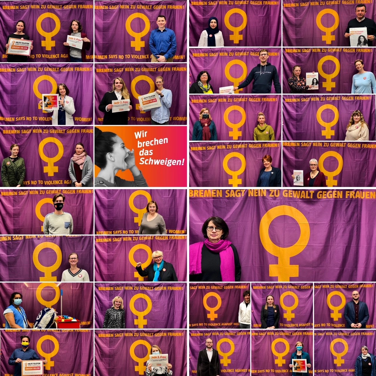 Eine Collage diverser Menschen vor einer Flagge mit der Aufschrift Bremen sagt Nein zu Gewalt gegen Frauen.